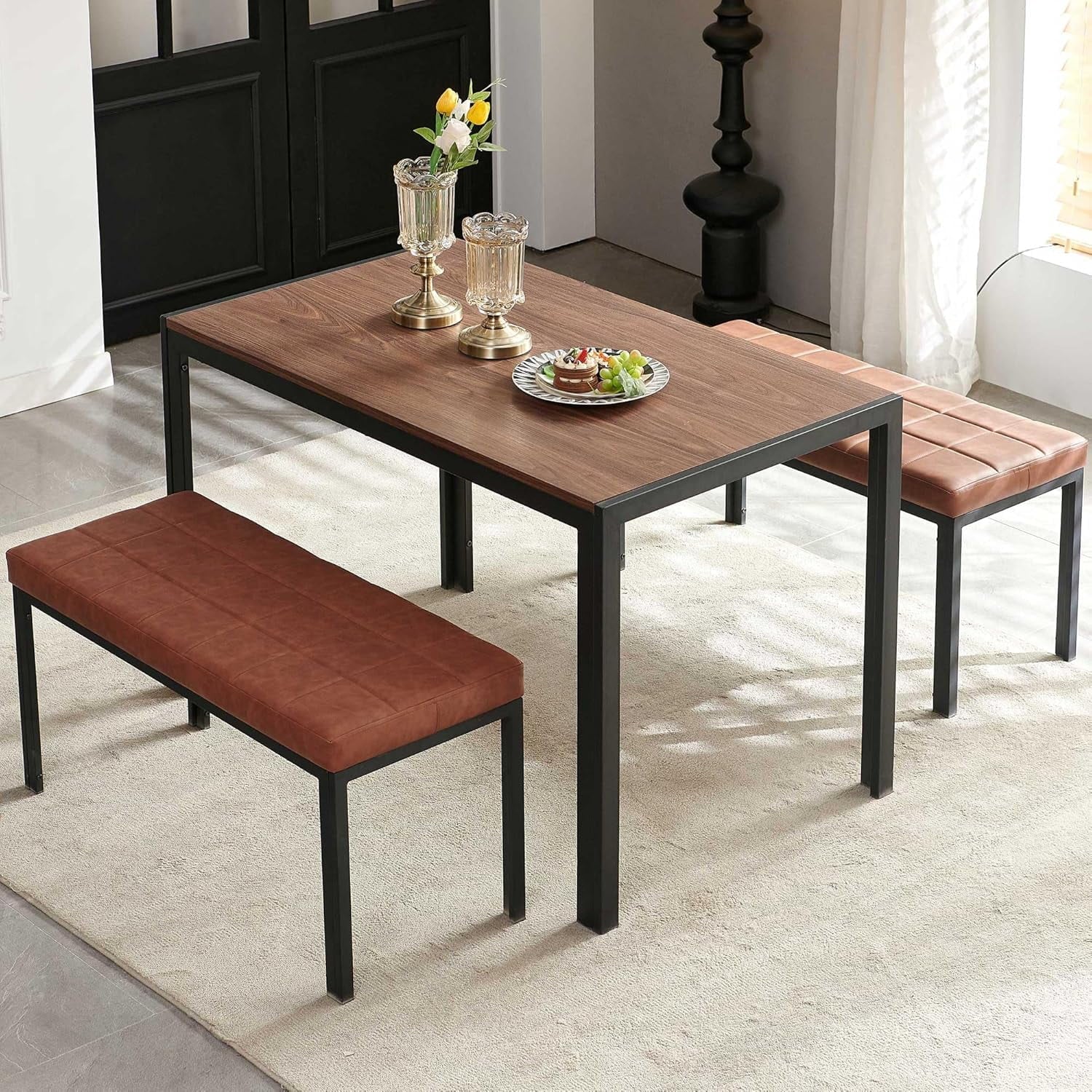 47" Dining Table, 4-Person Indoor Walnut Wood Grain Effect Table with Metal Legs, Rectangular Kitchen Table for Dining Room, Kitchen, Home Office, and Small Spaces