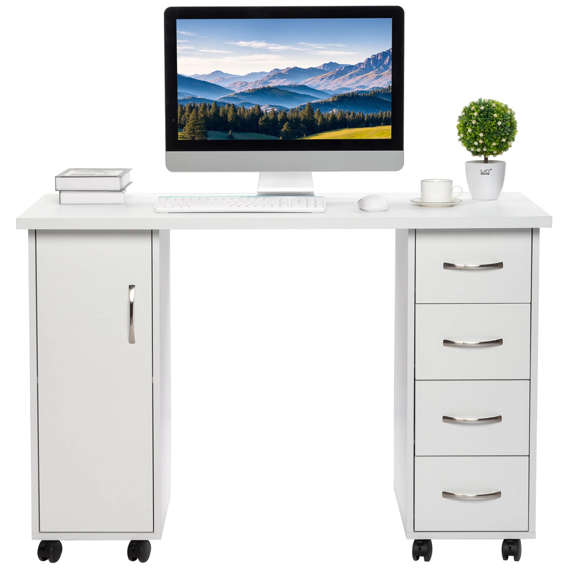 Sesslife White Computer Desk, Writing Desk with Lockable WheelsModern Wood Study Desk with 4 Drawers for Home Office Workstation