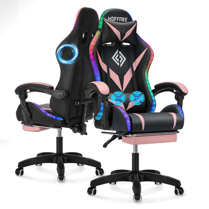 Hoffree Gaming Chair with Speakers PU Leather Office Chair with Footrest and LED Lights Ergonomic Gamer Chair with Massage Lumbar Support and Headrest Adjustable Swivel for Home Office 300lb