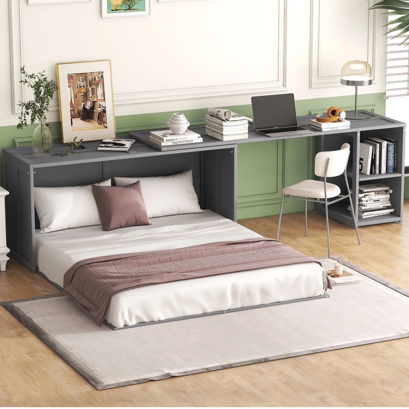 \ Queen Size Multi-Functional Cabinet,Wooden Foldable Platform BedFrame with Rotable Desk and Storage Shelves,Space-Saving Floor Bed Cabinet for Guest Room Home Office,Easy to Assemble,Gray