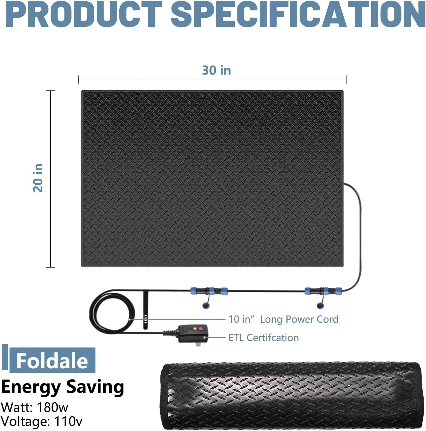 Slsy Snow Melting Mat, 20 x 30 inch, 3 in/h Melting Speed, Heated Outdoor Mats for Winter Walkway, No-Slip Rubber w/Plug & Power Cord