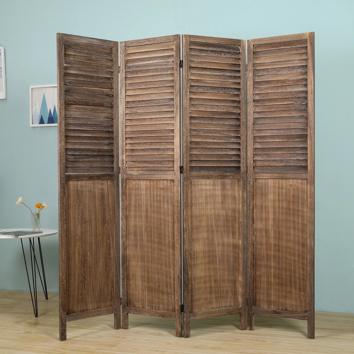 Light Brown 4-Panels Room Divider w/Window Shutter Style