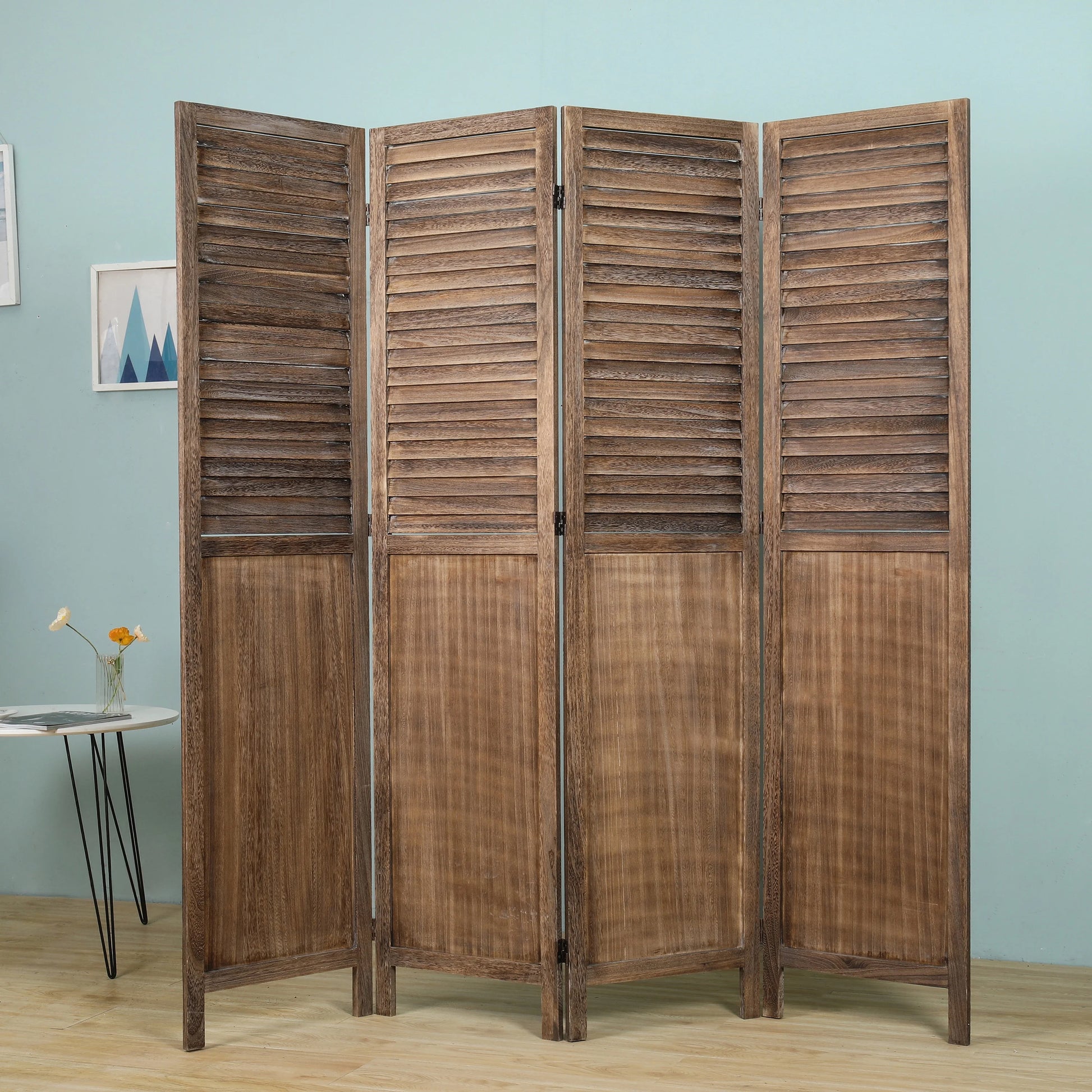 Light Brown 4-Panels Room Divider w/Window Shutter Style