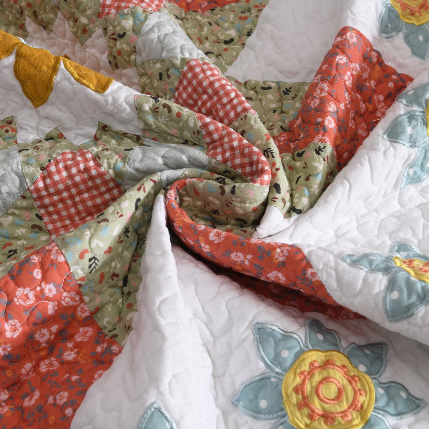 3 Pcs 100% Cotton Sunflower Pattern Patchwork Quilt Bedspread Set|Farmhouse Bedding Set for All Seasons