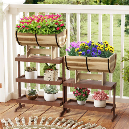 YJETYH Natural Wooden Planter Boxes, 2-Pack 18"x12"x11.5" Acacia Wood & Metal Half Whiskey Barrel Planters, 0.7 Gal Capacity for Indoor & Outdoor
