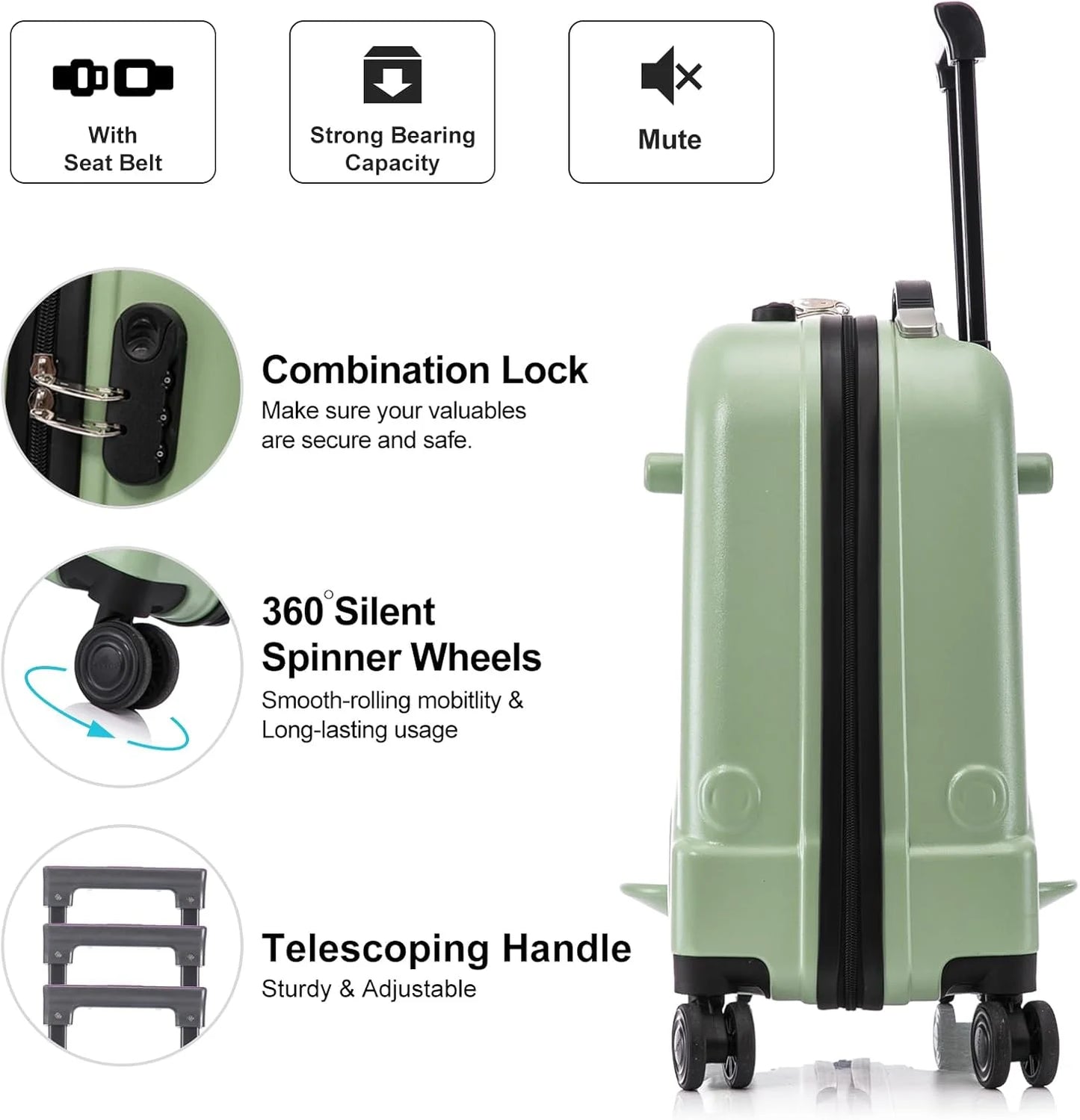 Apelila 22 inch Ride on Suitcase for Kids Travel Luggage Trolley Suitcase with Spinner Wheels Travel Suitcase for Child with Combination Lock/Safety Belt/Telescoping Handle