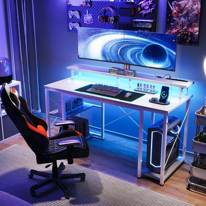 ODK 48 inch Gaming Desk with LED Lights & Power Outlets, Computer Desk with Monitor Stand & Storage Shelves, CPU Stand, Home Office Desk, White