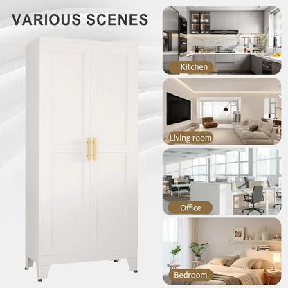 Metal Storage Cabinet - 61" Tall Steel File Cabinets with 2 Doors and 3 Adjustable Shelves Versatile Storage Pantry Cabinet for Home Office Warehouse Garage or Outdoor (White)