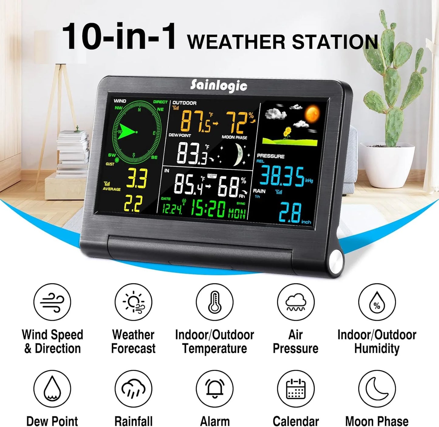 Sainlogic Weather Station Wireless Indoor Outdoor with Color Display,Rain Gauge,Wind Speed/Direction,Temperature,Humidity,Air Pressure,Forecast,Moon Phase,Alarm Clock(No WiFi)