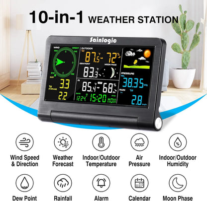 Sainlogic Weather Station Wireless Indoor Outdoor with Color Display,Rain Gauge,Wind Speed/Direction,Temperature,Humidity,Air Pressure,Forecast,Moon Phase,Alarm Clock(No WiFi)