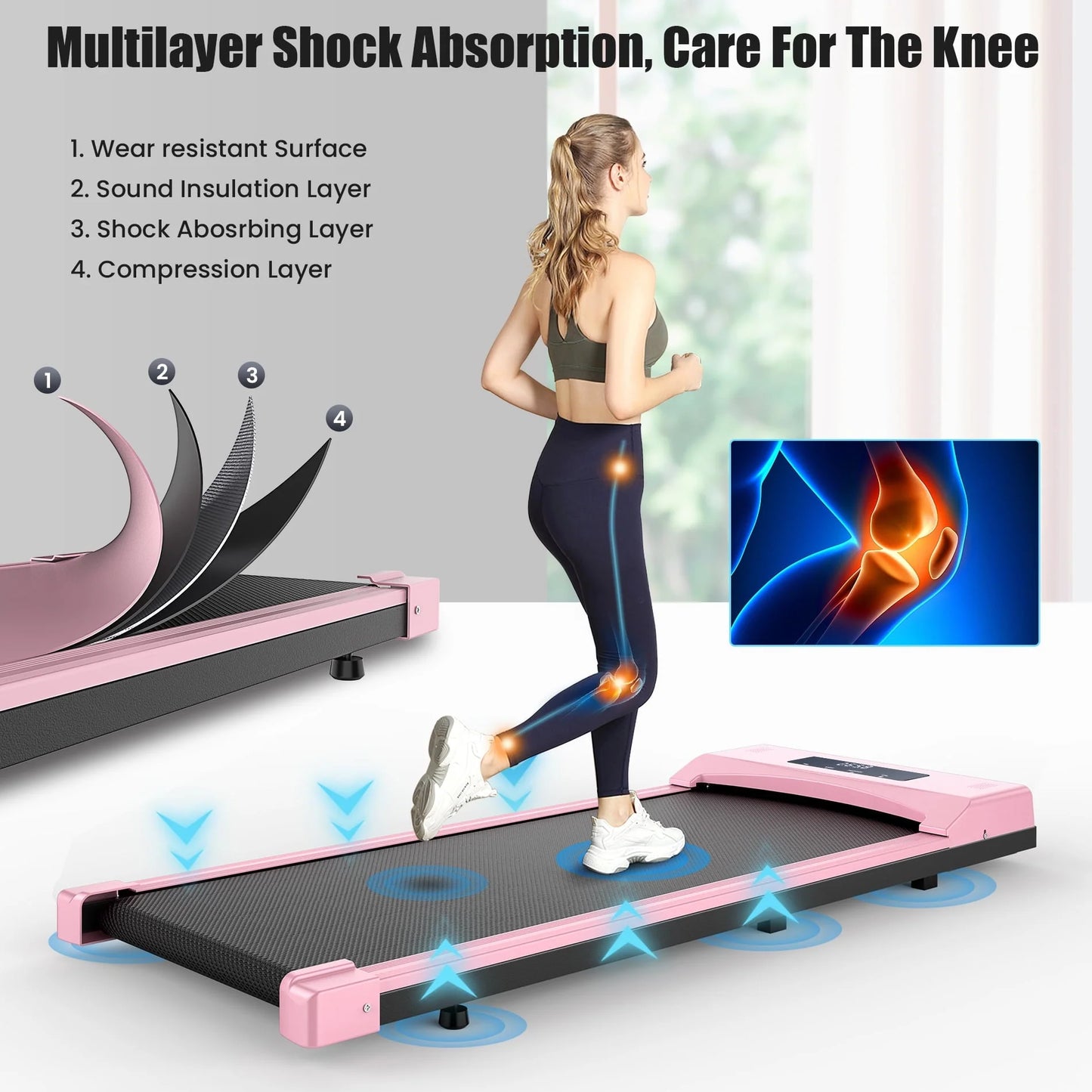 Tikmboex 2.5HP Under Desk Treadmill with LED Display Wireless Remote Control38.5" x 15" Quiet & Compact Walking Pad for Home Office, Pink