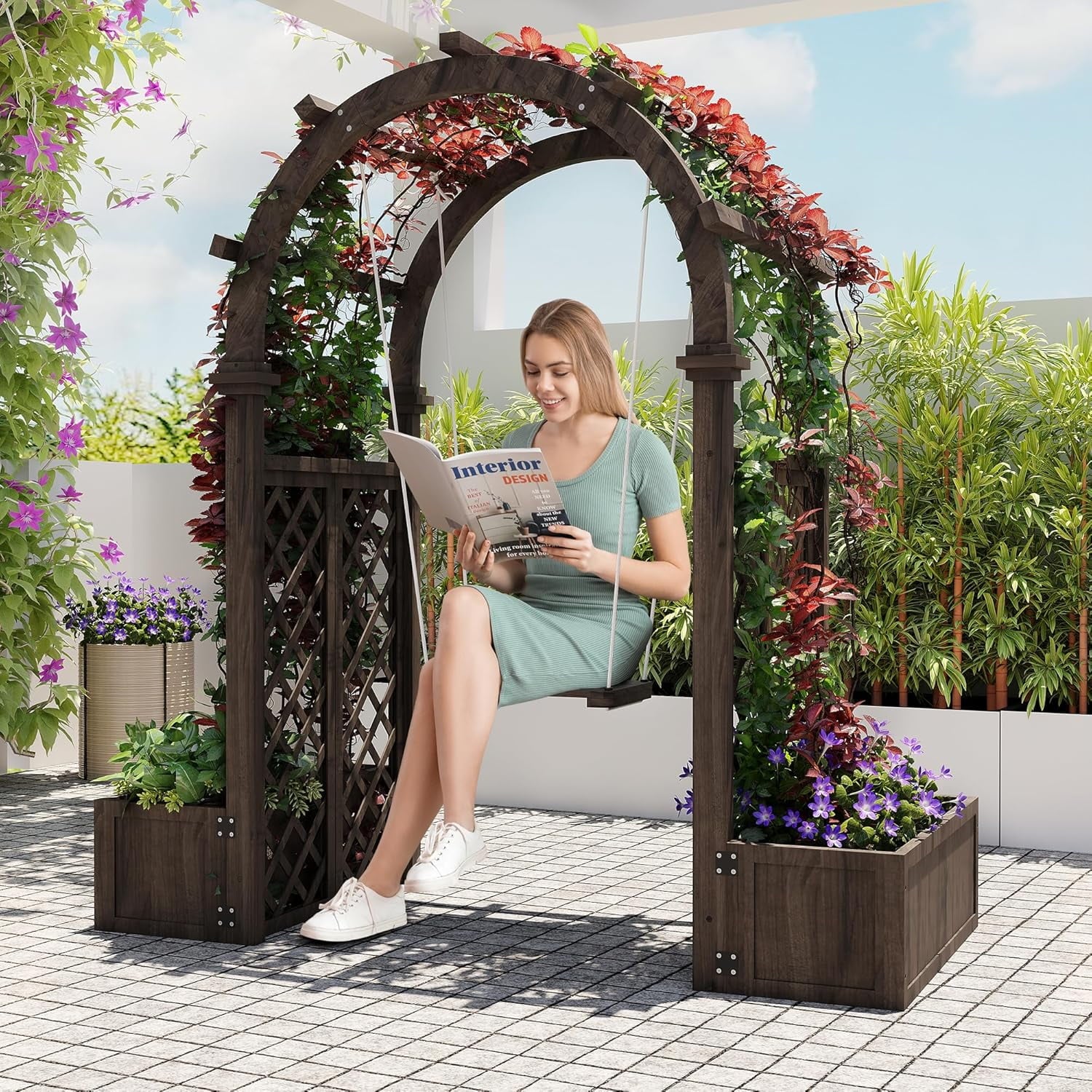 Wooden Garden Arbor with Planter& Swing,Outdoor Arbor Trellis for Climbing Plants, Roses, Vines, Outside Pergola Planter, Garden Arch for Lawn Backyard Wedding Ceremony Bridal Party