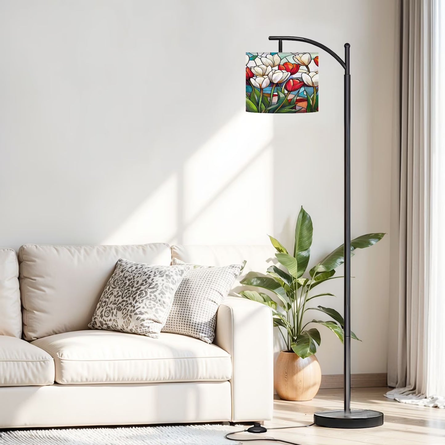 Arc Floor Lamp, 3 Color Temperatures Modern Floor Lamps Flowes Flower Floral Oil Adjustable Tall Standing Reading Lamp with Linen Texture Shade for Living Room, Bedroom, Office