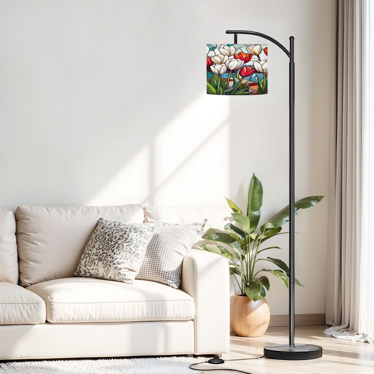 Arc Floor Lamp, 3 Color Temperatures Modern Floor Lamps Flowes Flower Floral Oil Adjustable Tall Standing Reading Lamp with Linen Texture Shade for Living Room, Bedroom, Office
