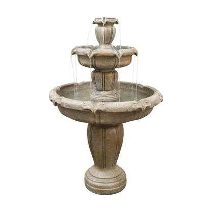 Indoor/Outdoor 3-Tiers Concrete Floor Water Fountain with Electric Pump for Patio Lawn Home Decor