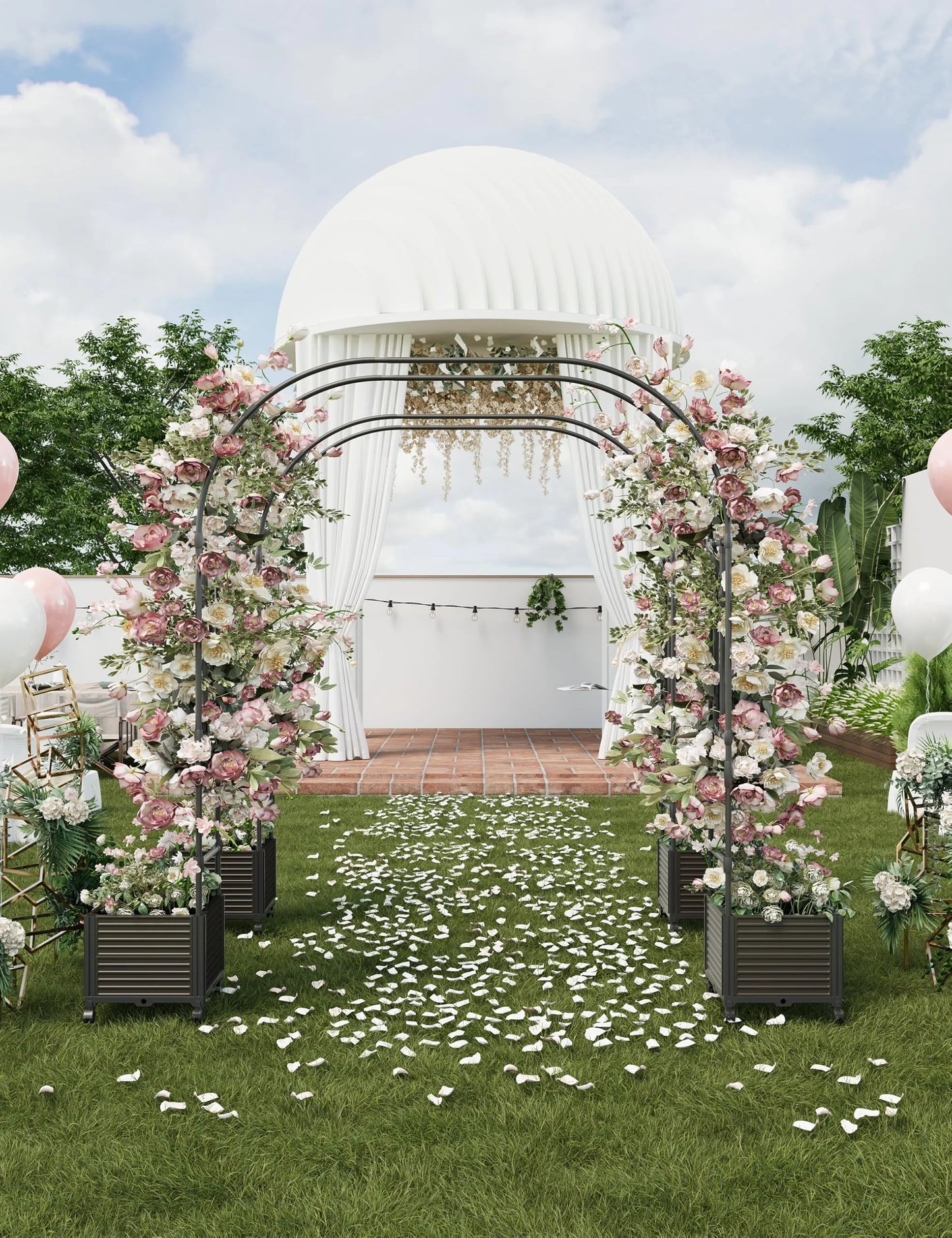 Garden Arch Arbor Trellis with Planter Boxes for Climbing Plants, Metal Frame, Garden Arch for Climbing Vines, Ceremony, Weddings, Party, Backyard, Lawn