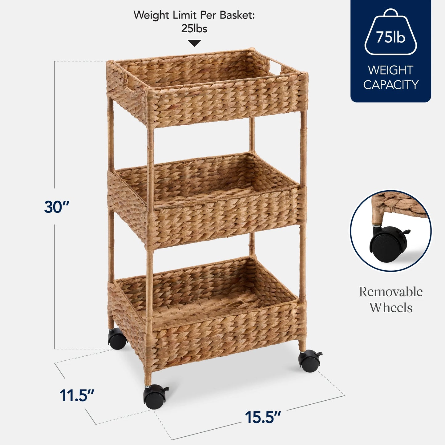 Best Choice Products 3-Tier Water Hyacinth Rolling Nursery Caddy w/Wheels, Utility Cart, Storage Organization - Natural