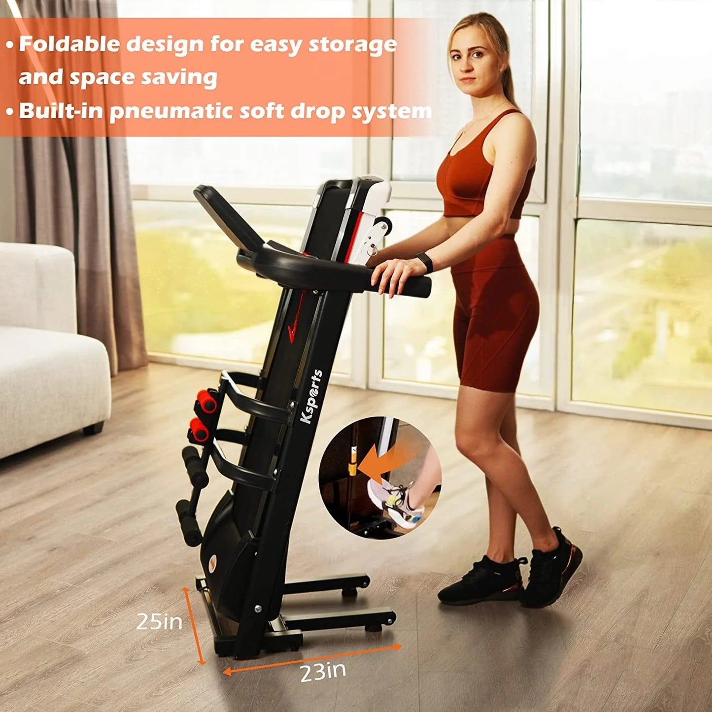 Ksports Treadmill Bundle Comprising of Electric Treadmill with 4 Incline Positions, Pneumatic Folding, Sit Ups Rack, Ab Mat & Dumb Bells with Smart Apps for Home Office Gym or Small Spaces