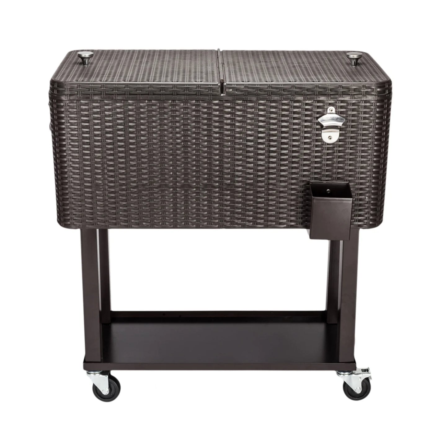 80QT Rattan Cooler with Shelf & Wheels - Insulated Outdoor Beverage Ice Chest for Parties, Patios, & Events - Durable Woven Design, Stainless Steel Accents, Keeps Cool 48 Hrs