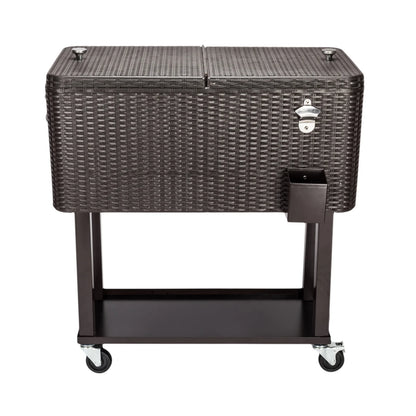 80QT Rattan Cooler with Shelf & Wheels - Insulated Outdoor Beverage Ice Chest for Parties, Patios, & Events - Durable Woven Design, Stainless Steel Accents, Keeps Cool 48 Hrs