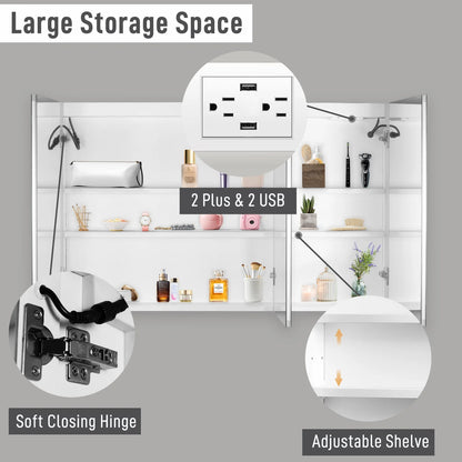 Ktaxon 48"x28" LED Bathroom Mirror Cabinet with Lights, Wall-Mounted Medicine w/Defogger, Dimmable, Memory function, Outlets & USB, White