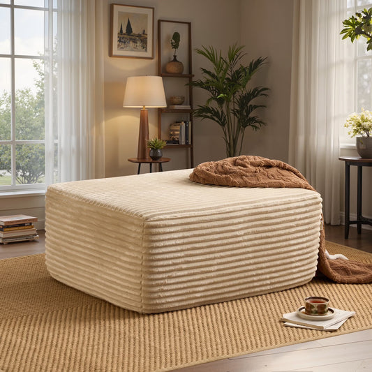 Ovios Oversized Ottoman Footrest for Sofa Large Plush Corduroy Pouf Ottoman Coffee Table Rectangle Floor Bench Extra Seating for Living Room, No Assembly, Beige