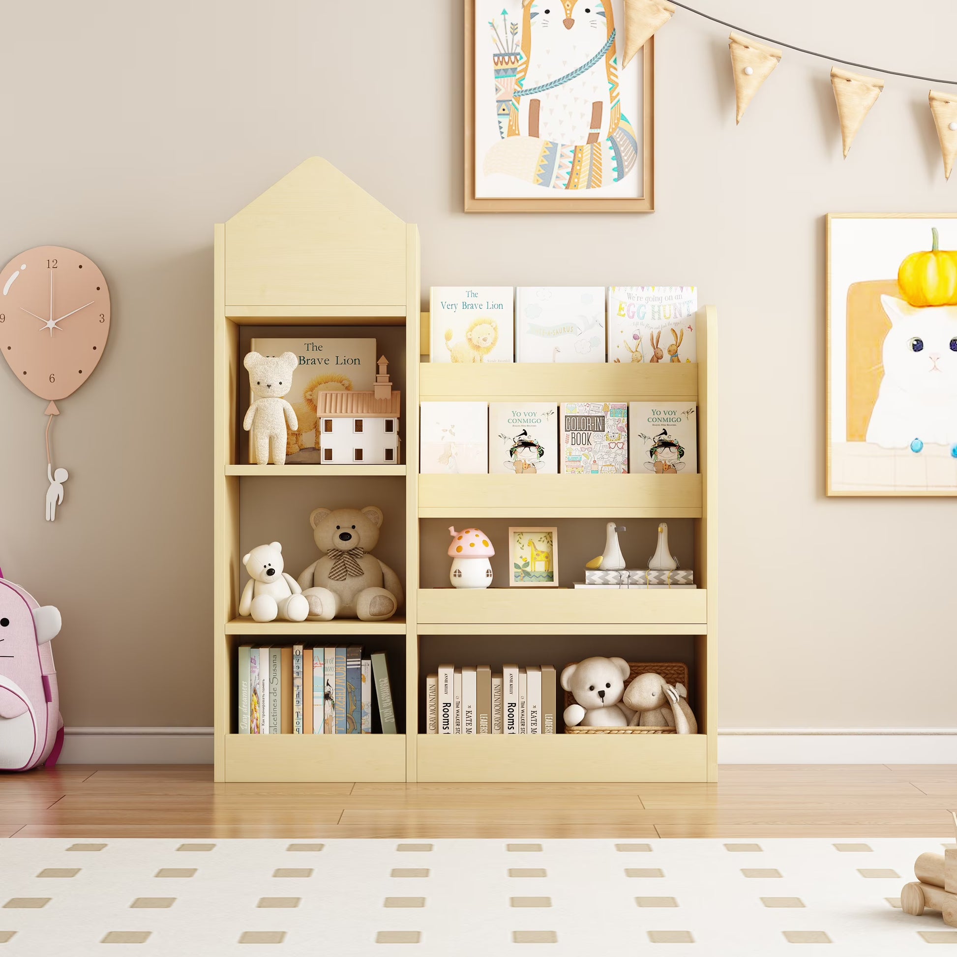 PORKISS Bookshelf for Kids, Wood Kids Bookcase with Toy Storage Organizer, Freestanding Book Shelf with 6 Compartments and 2 Baskets Bins for Kids Bedroom, Nursery, Playroom, Natural