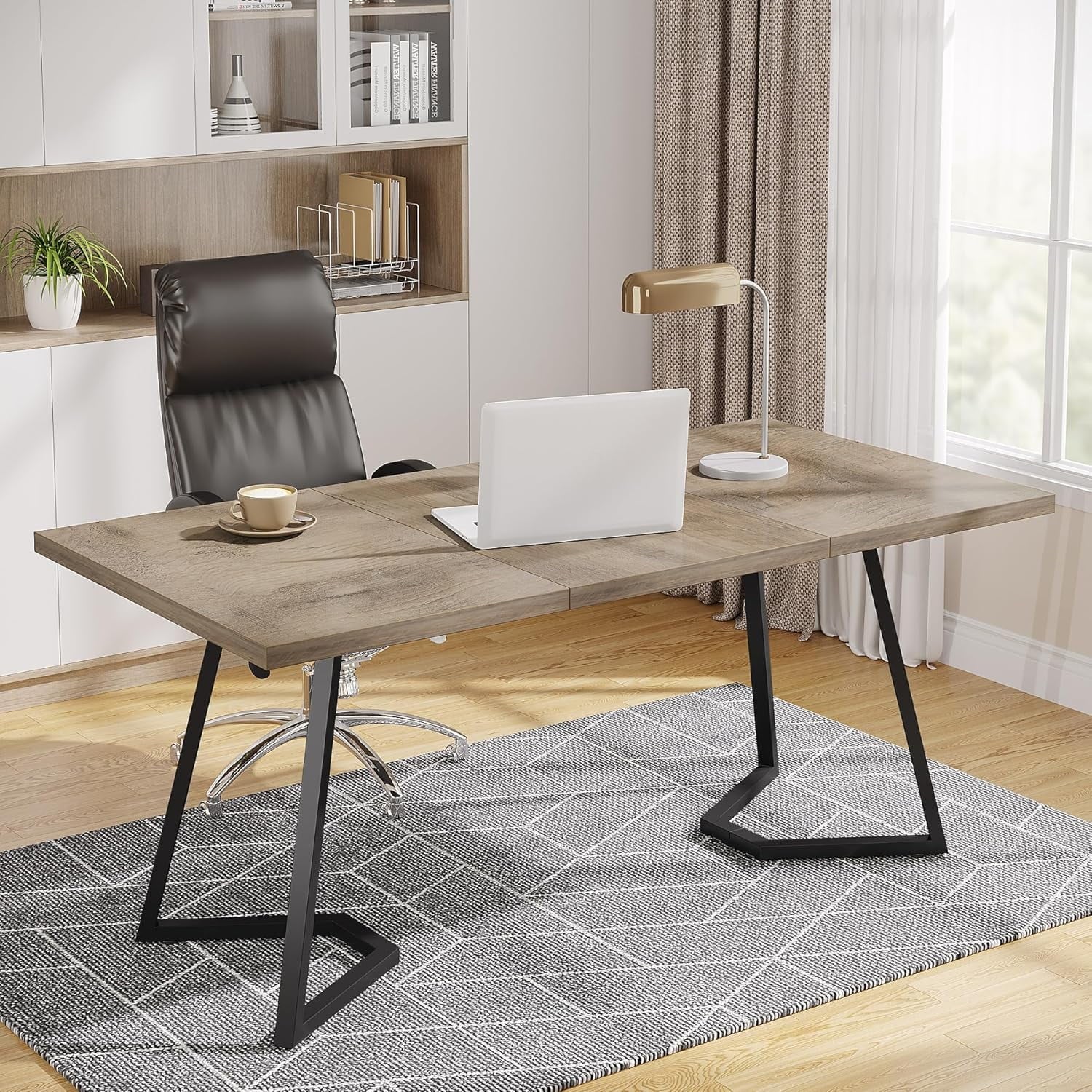 Finmind Modern Home Office Desk, Adult Study Writing Table with Metal Legs, White & Gold, 55.11" L x 31.49" D x 29.52" H