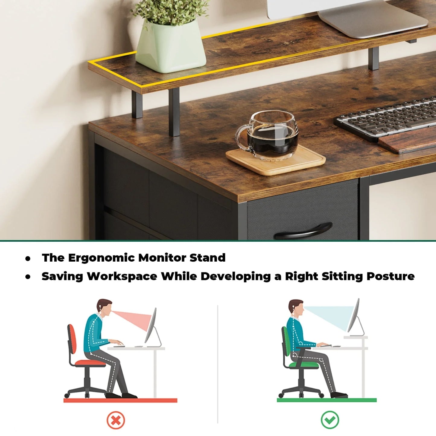 Huuger 55" Computer Desk with LED Lights & Power Outlets, Industrial Home Office Desk with Drawers & Storage Shelves, Corner Writing Desk, Gaming Desk, Rustic Brown
