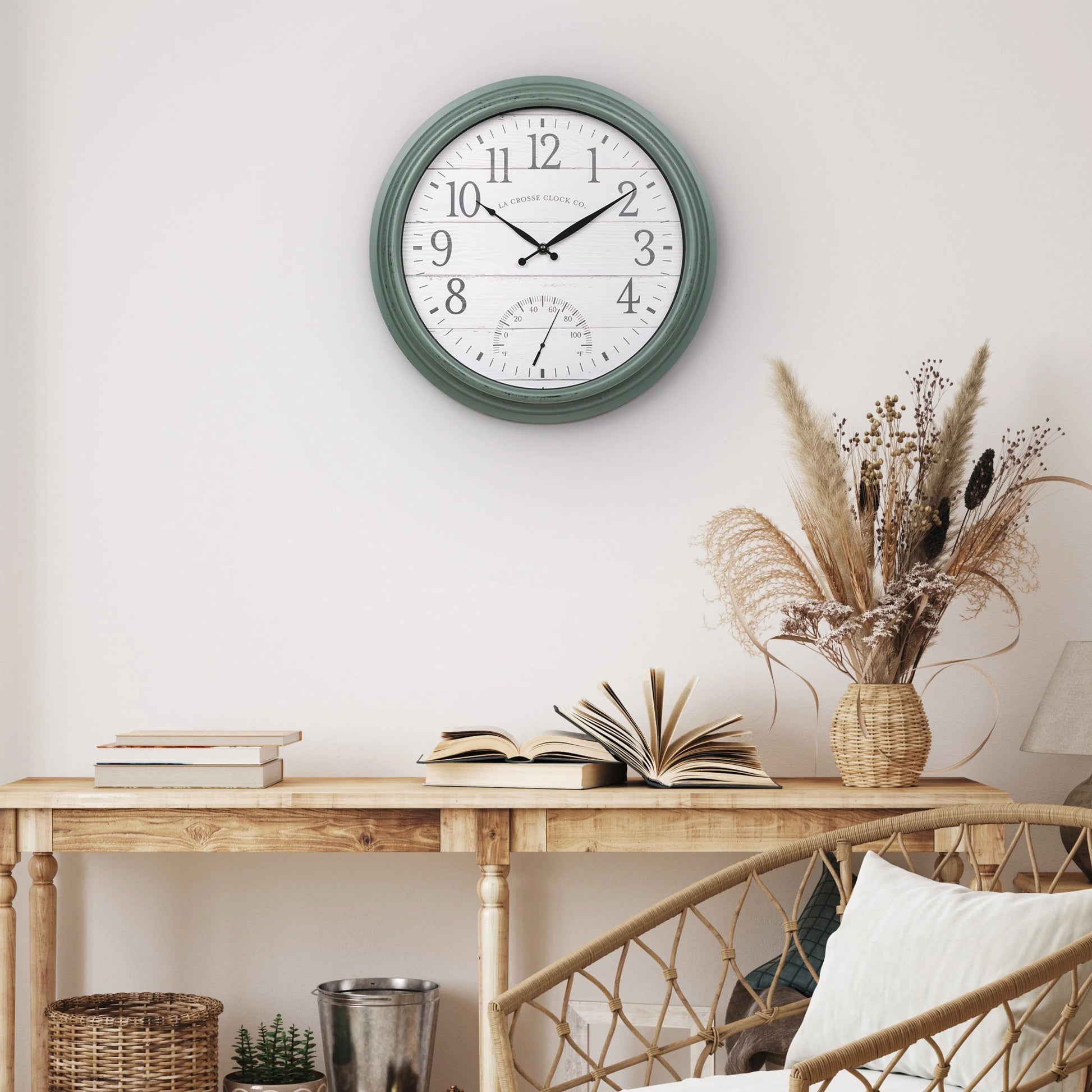 La Crosse Clock 15.75-inch Indoor/Outdoor Green Sagebrook Quartz Analog Clock with Temp, 404-3840SG
