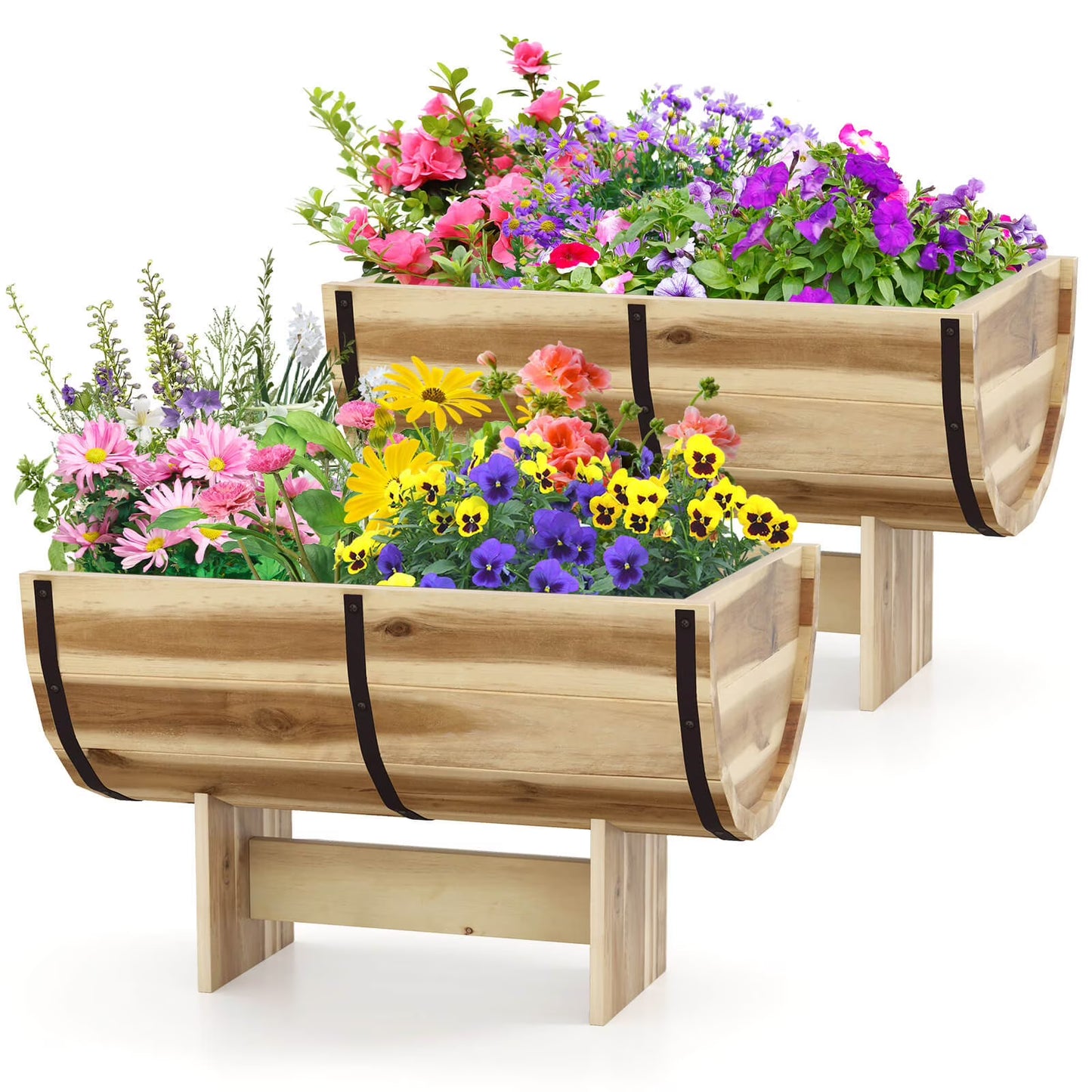 YJETYH Natural Wooden Planter Boxes, 2-Pack 18"x12"x11.5" Acacia Wood & Metal Half Whiskey Barrel Planters, 0.7 Gal Capacity for Indoor & Outdoor