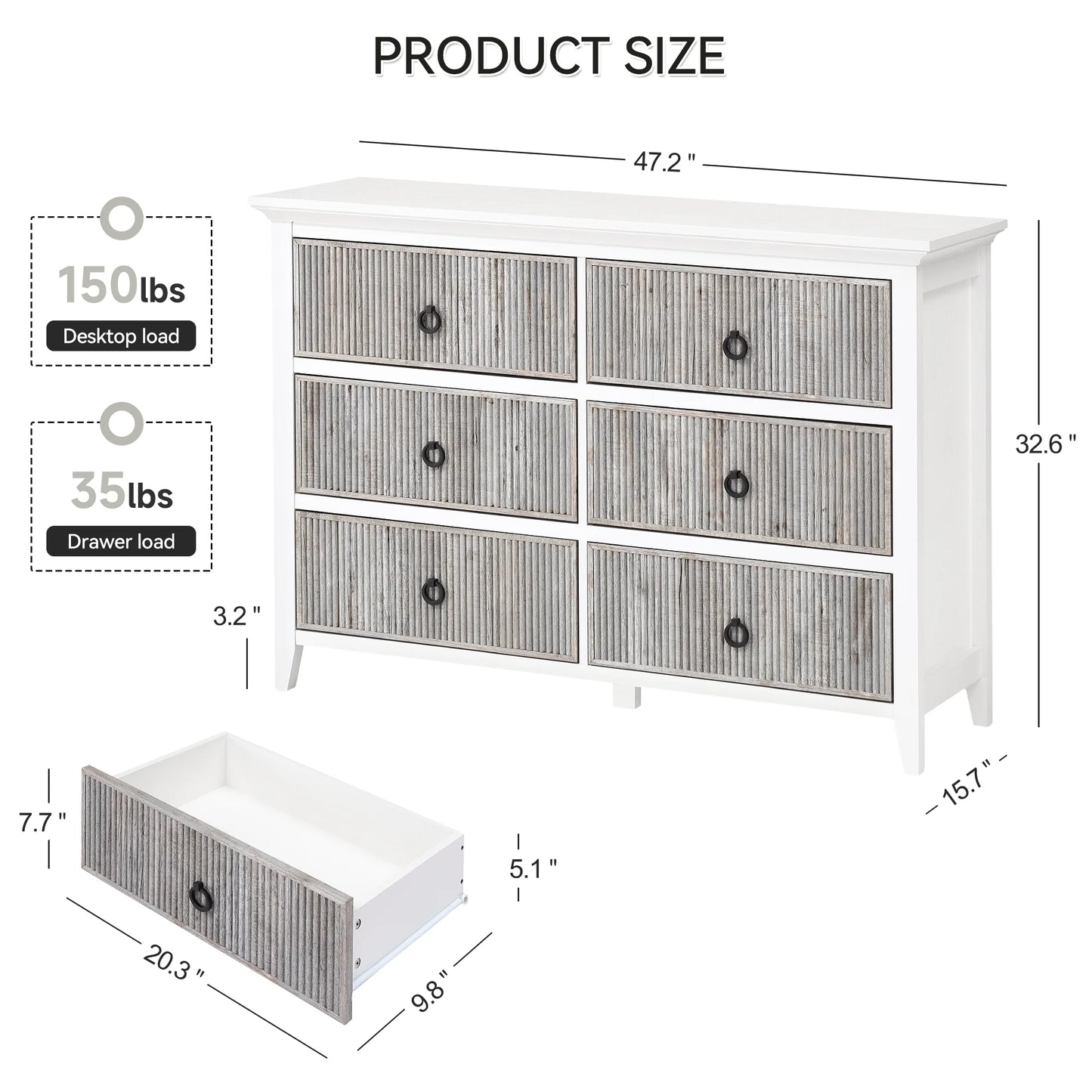 Homhougo White Dresser for Bedroom 6 Drawer, Wood Organizer Storage Cabinet with Gray Strip Drawer Door, Chest of Drawers for Closet, Living Room, Hallway, Nursery, Kids Bedroom