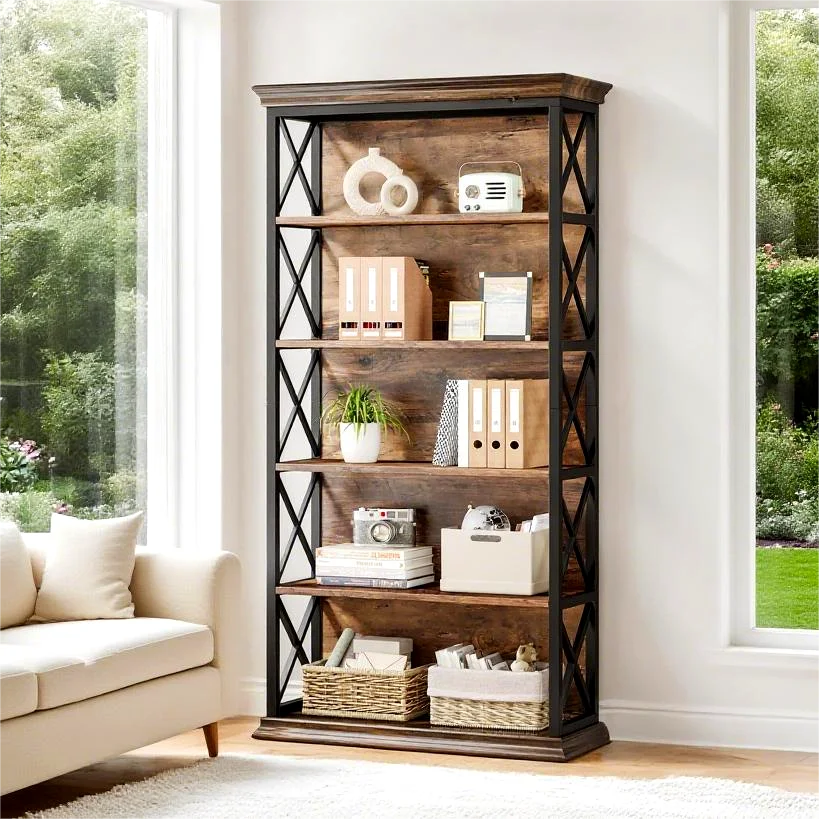 Fnova 71" 5-Tier Tall Bookshelf, Industrial Wood Bookcase with Metal Frame, Floor Standing Display Storage Shelves for Home Office, Living Room, Bedroom