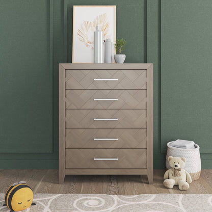 Child Craft Kieran 39" Interlocking 5-Drawer Chest for Nursery or Bedroom, Anti-Tip Kit, Herringbone Design, Crescent Gray
