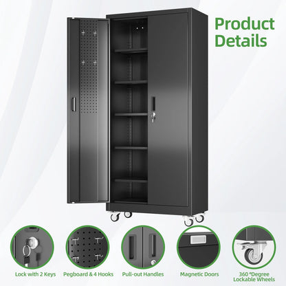 JAORD 71 In Metal Storage Cabinets with Locking Doors and Adjustable Shelves for Home Office, Garage and Utility Room (2 clasp hand, Black)