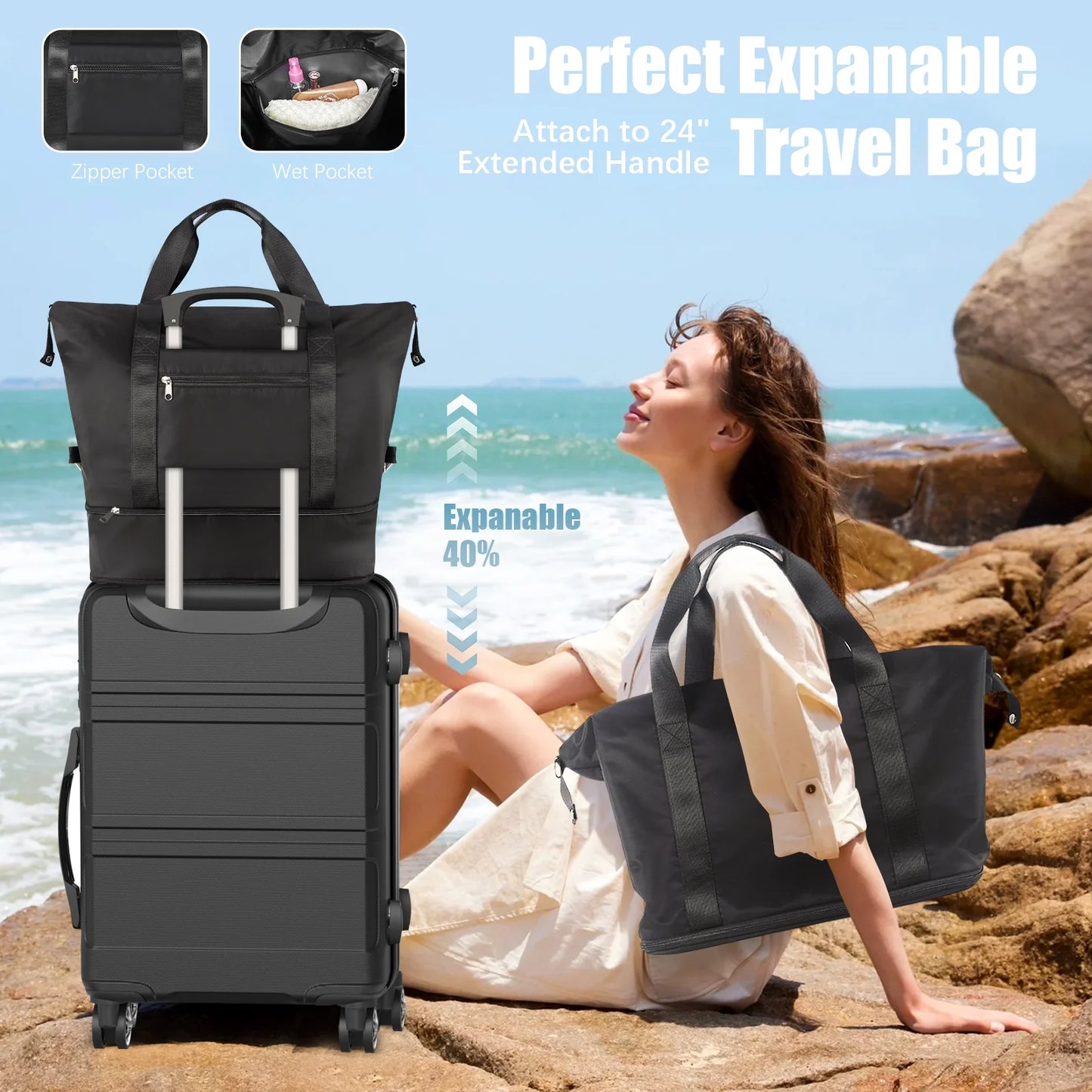 4 Piece Hardshell Luggage Sets, 3 Set Hardside Lightweight Suitcase with Duffel Bag Carry on Travel Luggage with TSA Lock Spinner Wheels, 20in24in28in, Black