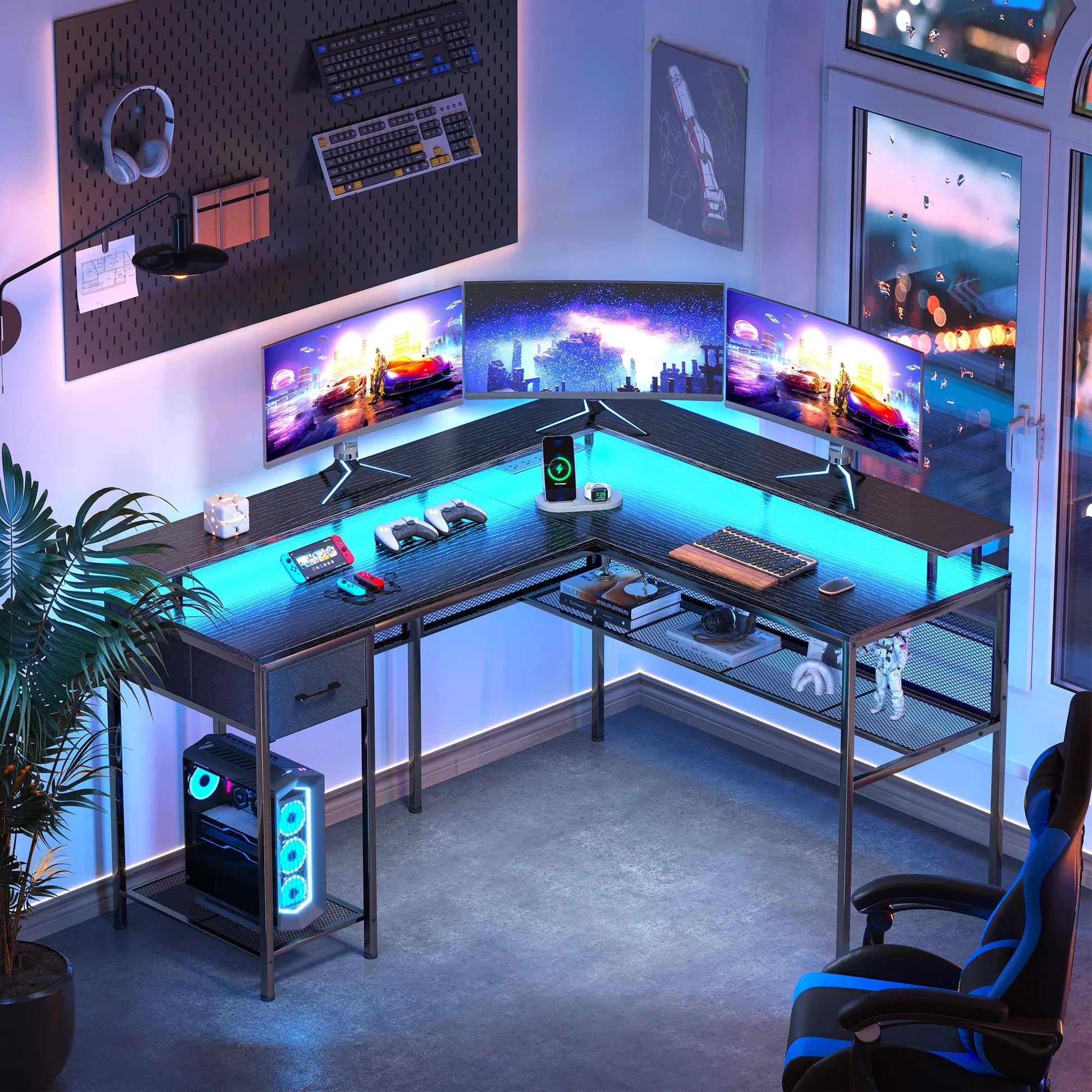 Huuger Gaming Desk with LED Lights & Power Outlets, L Shaped Desk Computer Desk with Storage Shelves, Fabric Drawer, Monitor Stand, Home Office Desk, Corner Desk, Black