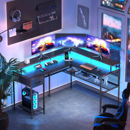 Huuger Gaming Desk with LED Lights & Power Outlets, L Shaped Desk Computer Desk with Storage Shelves, Fabric Drawer, Monitor Stand, Home Office Desk, Corner Desk, Black