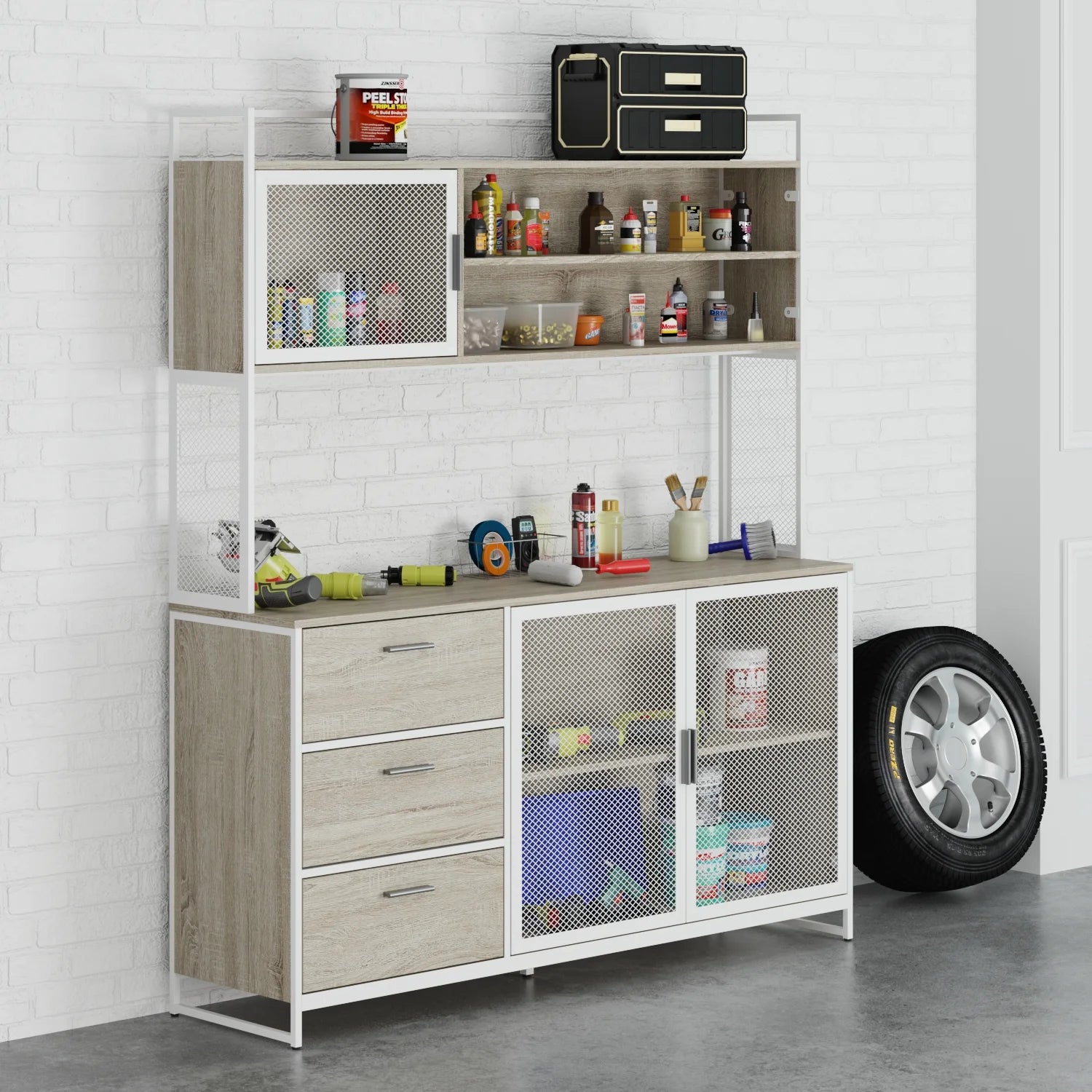 WIAWG Garage Cabinet with 3 Drawers and Metal Mesh Door, Industrial Mutifunctional Tool Storage Cabinet for Warehouse, Basement, Home Office (Walnut)
