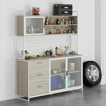 WIAWG Garage Cabinet with 3 Drawers and Metal Mesh Door, Industrial Mutifunctional Tool Storage Cabinet for Warehouse, Basement, Home Office (Walnut)