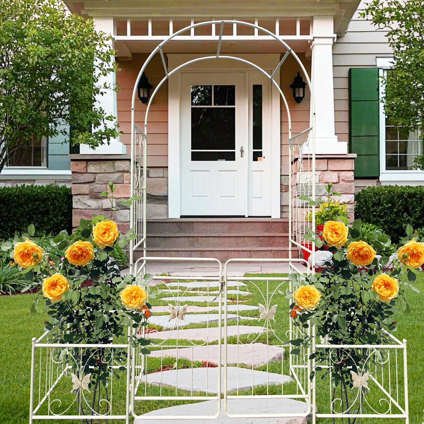 Garden Arch Metal Garden Arch with Gate 79.5'' Wide x 86.6'' High Climbing Plants Support Rose Arch Outdoor Cream White,Garden Trellis