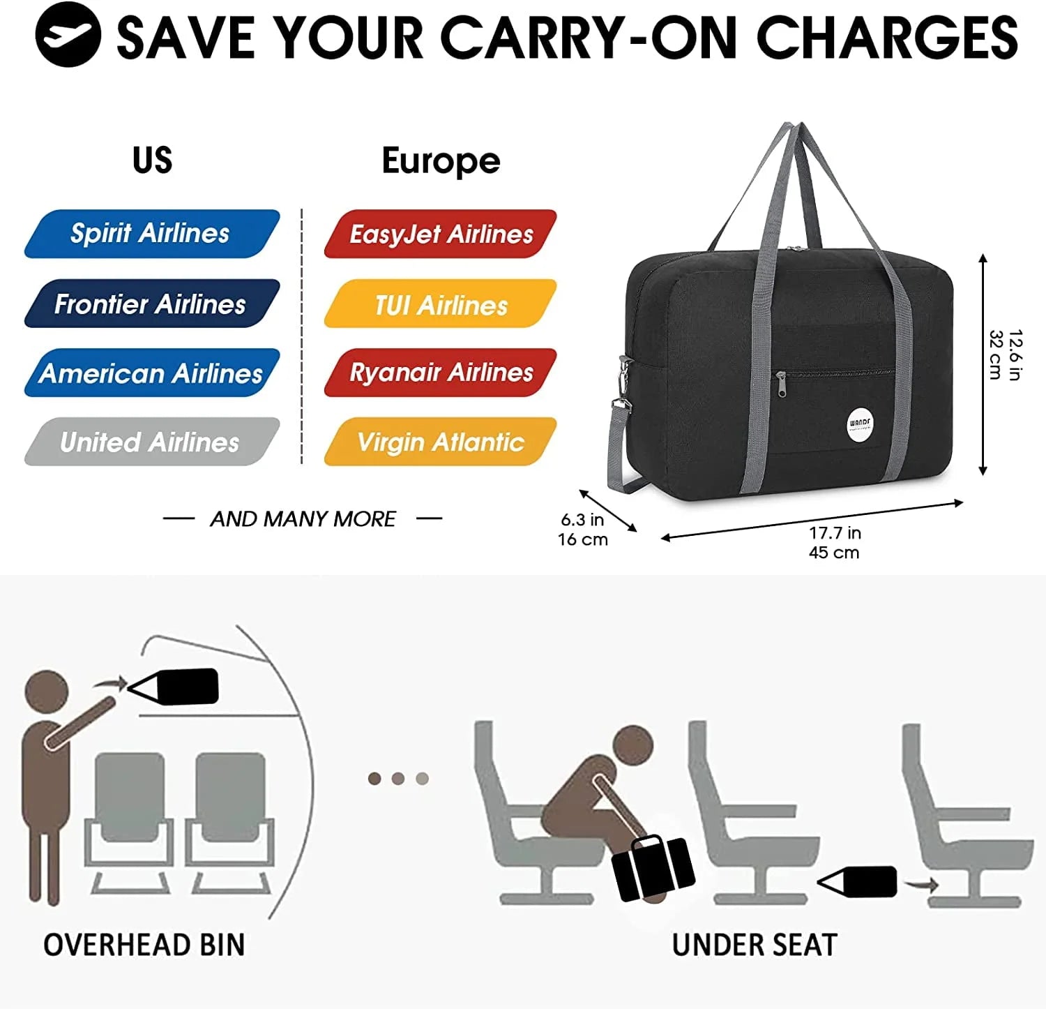 For Spirit Airlines Personal Item Bag 18x14x8 Travel Duffel Bag Underseat Foldable Carry-on Luggage for Women,Black with Shoulder Strap