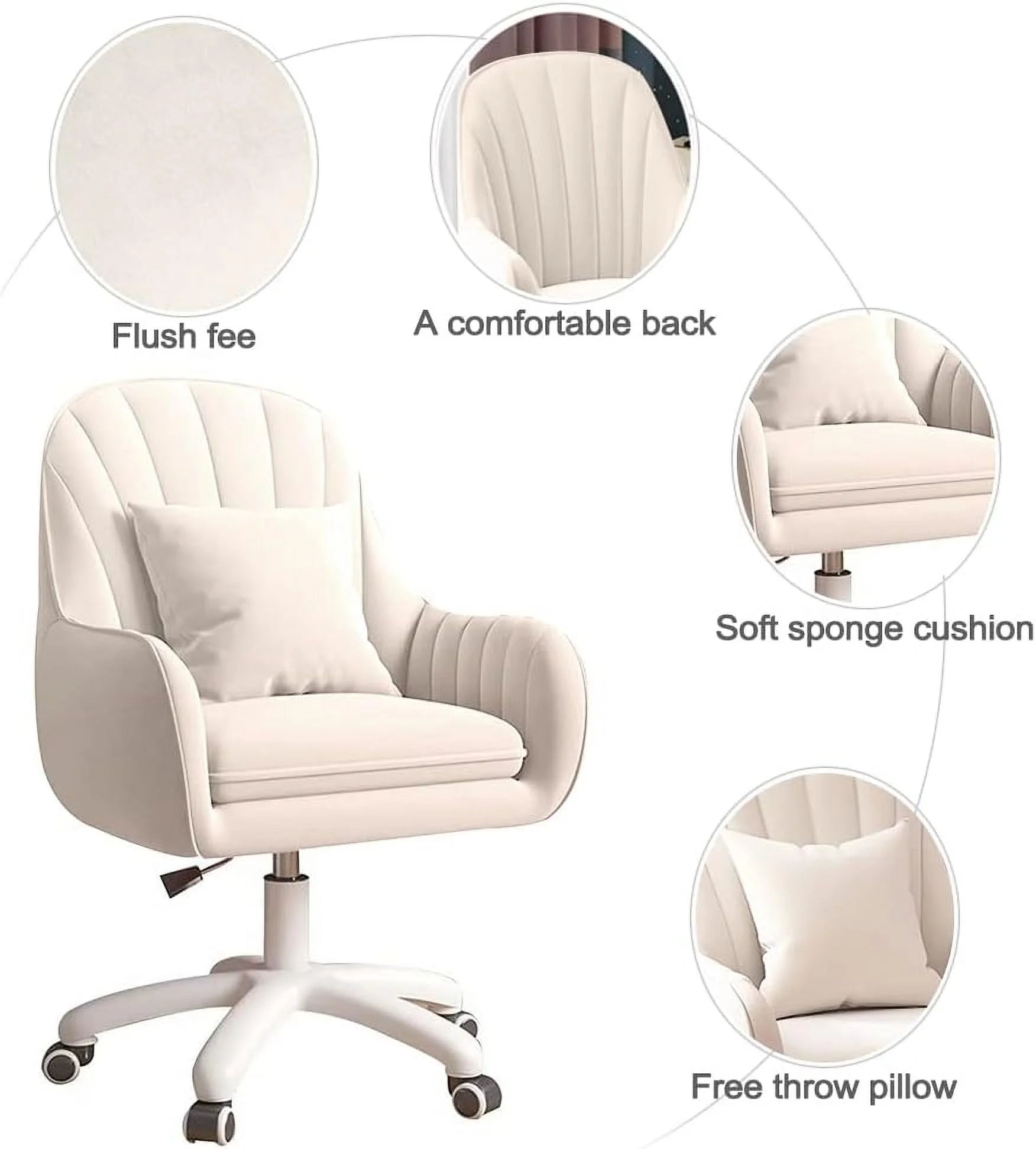 Home Office Chair Computer Chair with Mid-Back Upholstered Modern Tufted Computer Task Chair Swivel Height Adjustable Velvet Accent Chair.White
