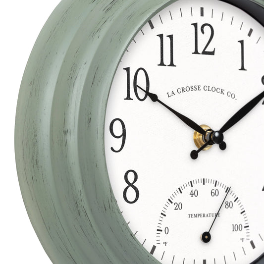 La Crosse 8" Sage Green Indoor/Outdoor Classic Quartz Analog Clock with Temp, 433-3020