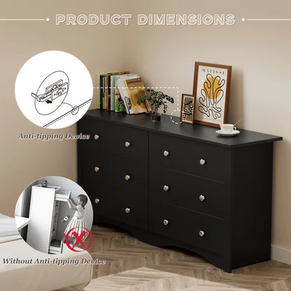 Lumihaven Rustic Modern Chest of 6 Drawers,Extra Wide Double Dresser for Master Bedroom or Nursery Storage,Black