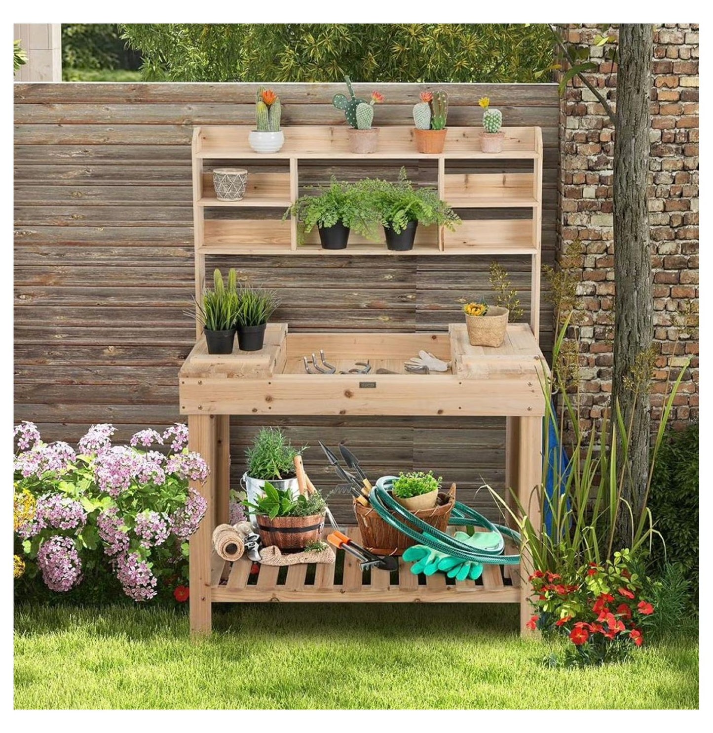 Garden Potting Bench Table with Display Rack & Sink - Outdoor Workstation for Plants, Tools & Gardening - Fir Wood - 43.5" x 19.5" x 60.5"