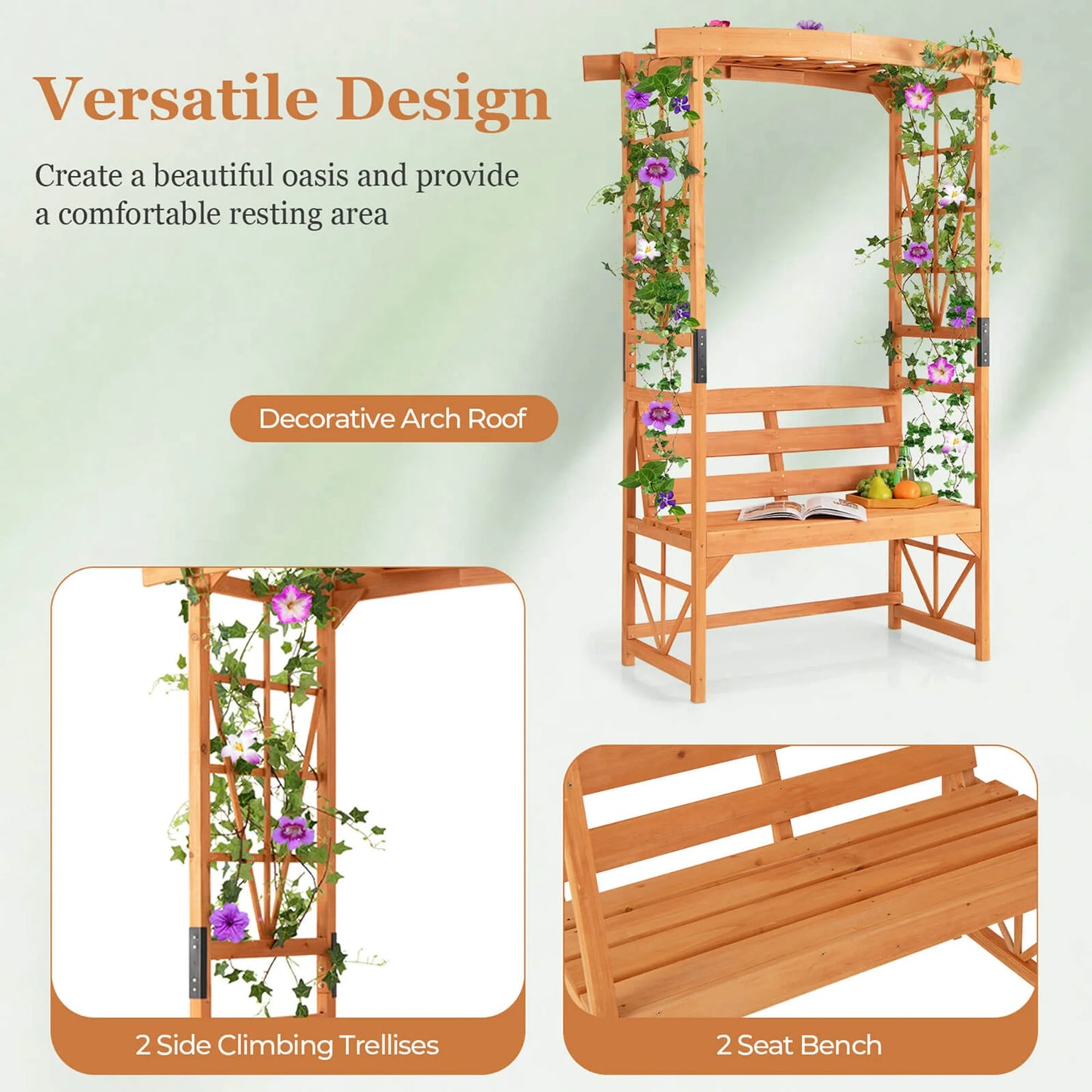 Patio Garden Arbor with Pergola Bench 2 Trellises for Climbing Plants Vines Grapes