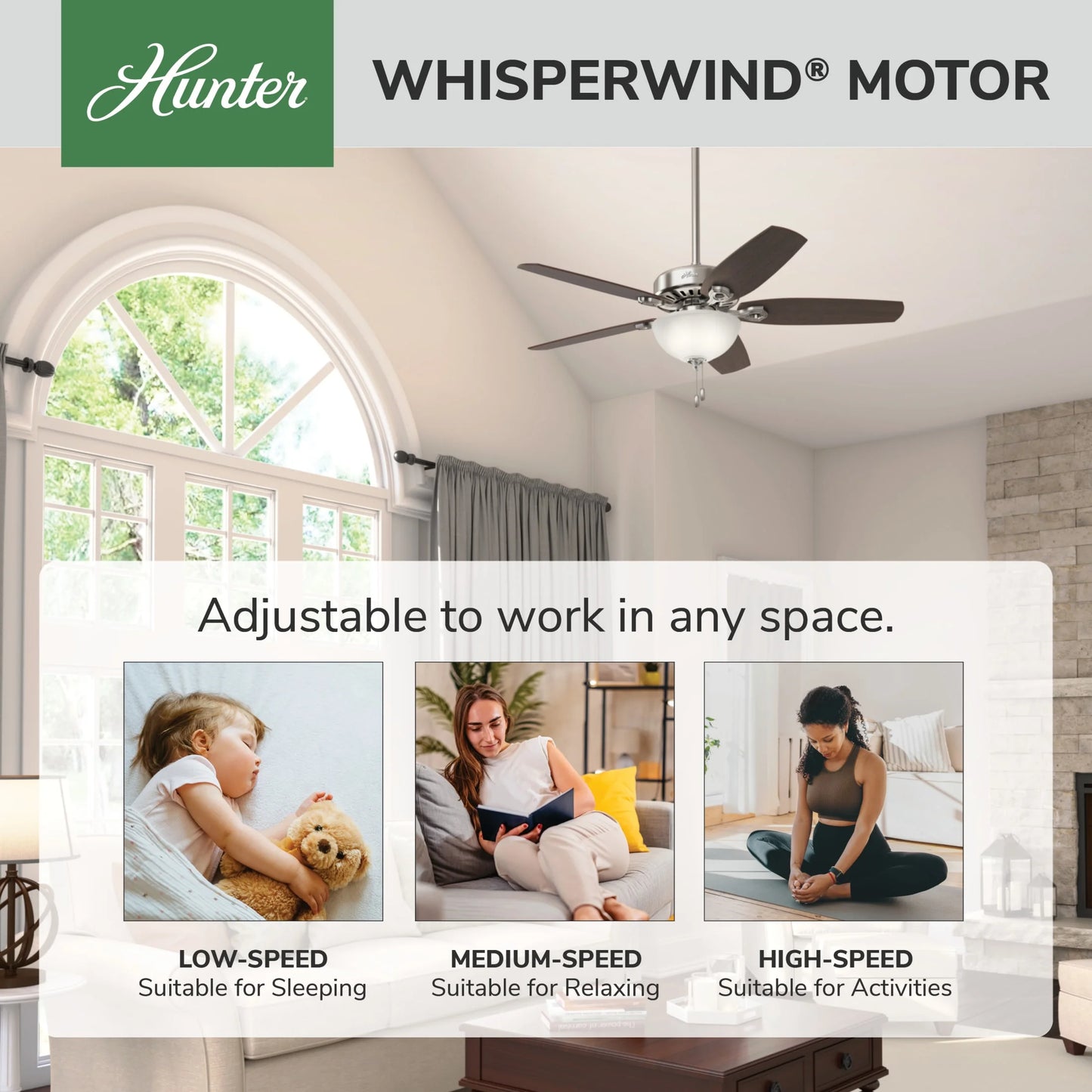 Hunter - Builder Indoor Ceiling Fan With Light, 52-inch, Brushed Nickel, Traditional-style, 3-speed WhisperWind Motor, 53090, for living rooms, bedrooms, home offices, kitchens