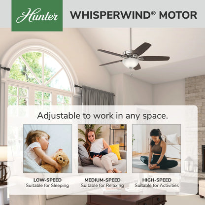 Hunter - Builder Indoor Ceiling Fan With Light, 52-inch, Brushed Nickel, Traditional-style, 3-speed WhisperWind Motor, 53090, for living rooms, bedrooms, home offices, kitchens