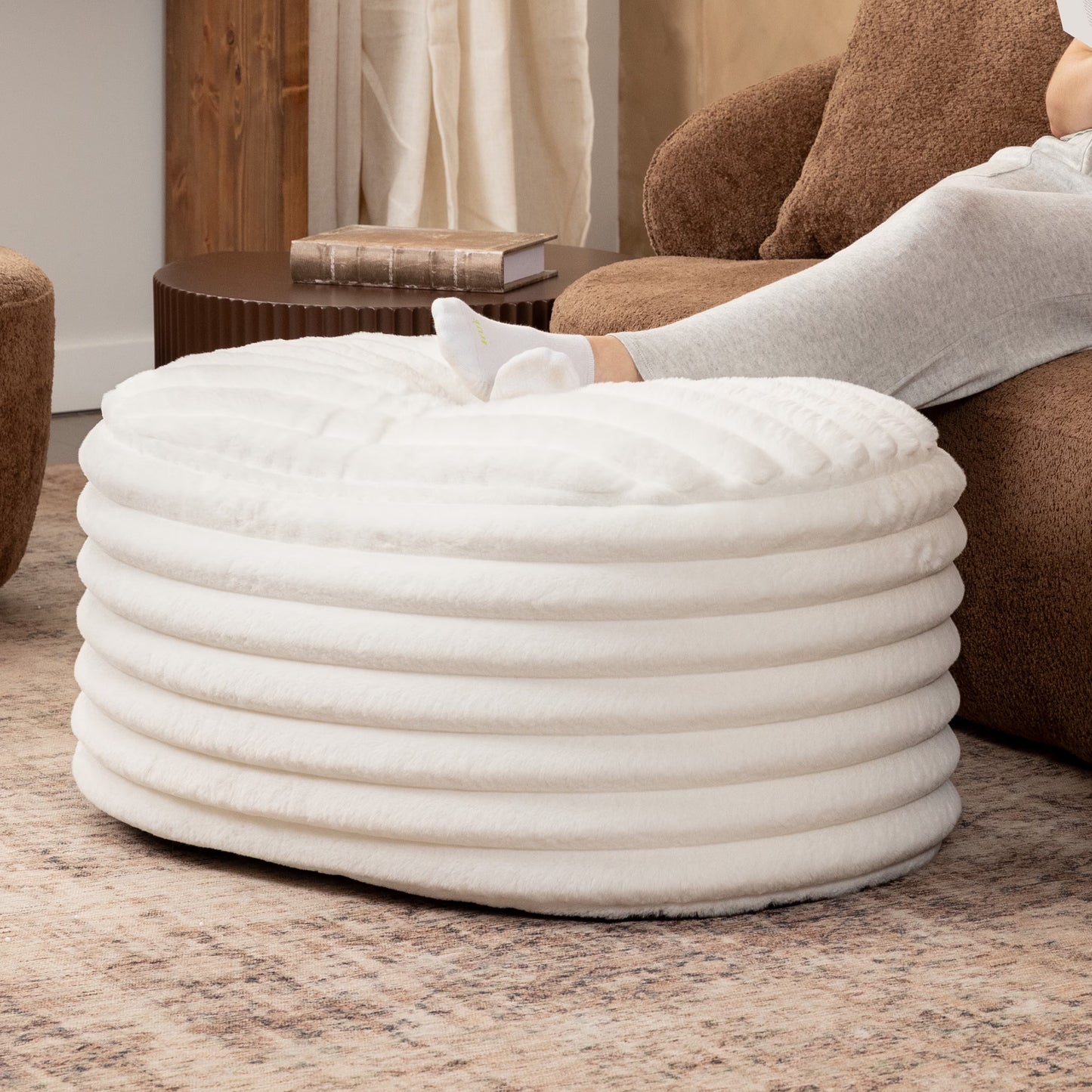 Jaxx Paran Accent Pouf - Fluffy Faux Fur Ottoman for Modern Interior Design, Large, Black